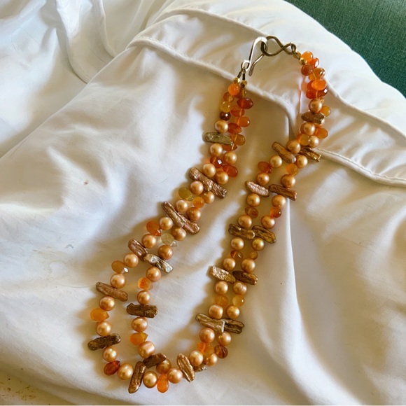 Amber Agate Biwa Pearl Sterling Double Layered Choker Necklace OOAK Handmade - Picture 11 of 16